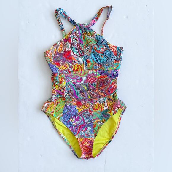 Bleu Rod Beattie One Piece Swimsuit SIZE 8 Bohemian Paisley High Neck Keyhole - Picture 2 of 5